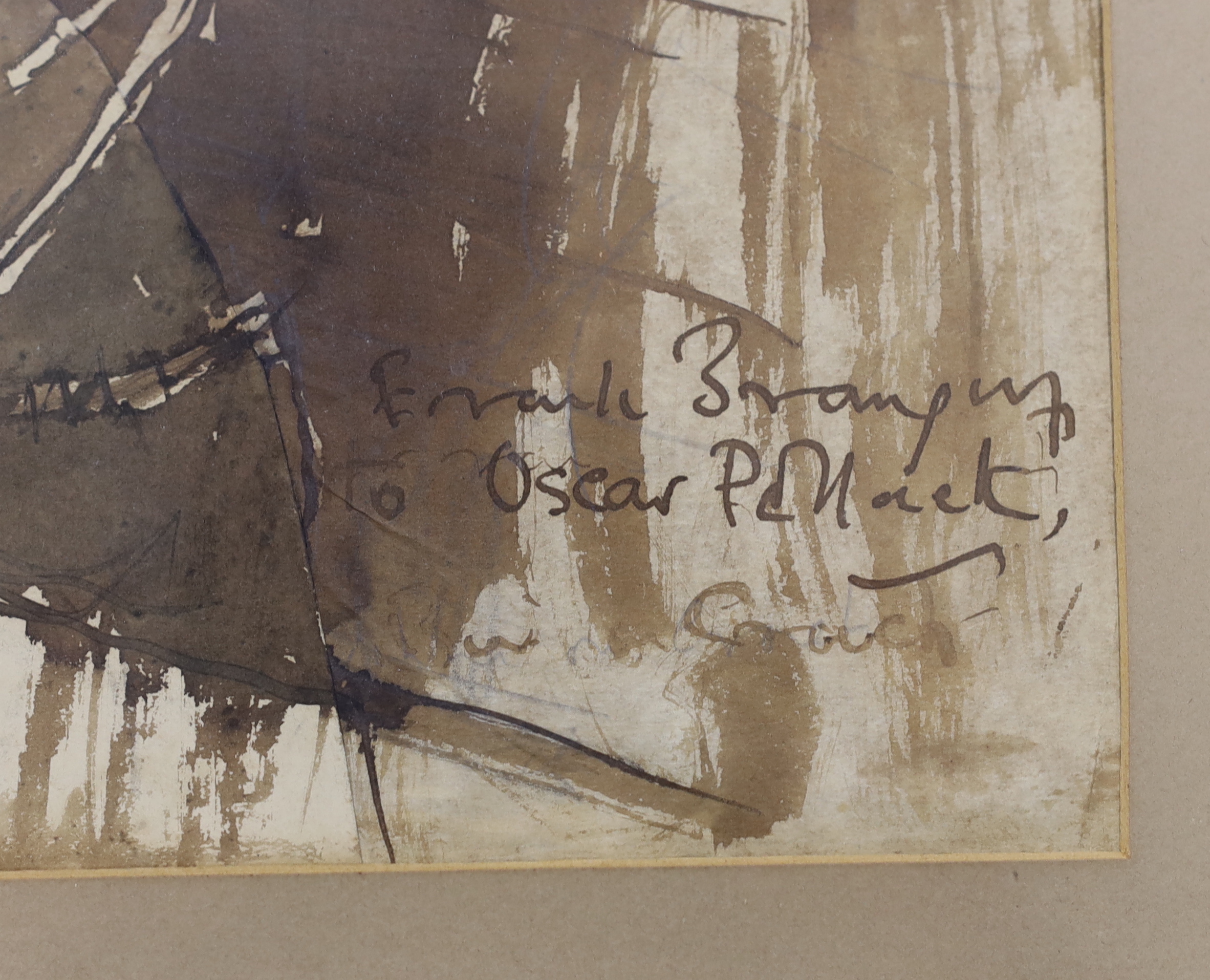 Frank Brangwyn (1867-1956), pen, ink and wash, Harbour scene with boats and figures, signed and inscribed, 25 x 38cm